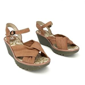 Fly London Yesh Wedge Sandals Knotted Strap Pink Mauve Nubuck Leather Size 9-9.5